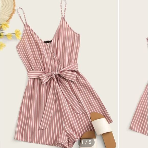 Romwe Surplice Cami Romper Pink Stripe - Picture 2 of 9